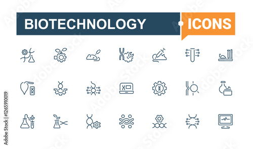 Biotechnology Postal and Digital Mail modern icons set. Related to experiment, analysis, dna, ar, technology, bio, gene and more. Line symbol. Minimalist editable vector stroke.