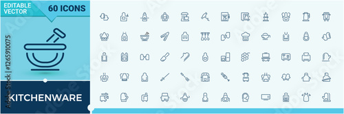 Kitchenware vector icon set. Related to restaurant, pot, boil, food, graphic, plate, cooking and more. Icons for website. Editable stroke.