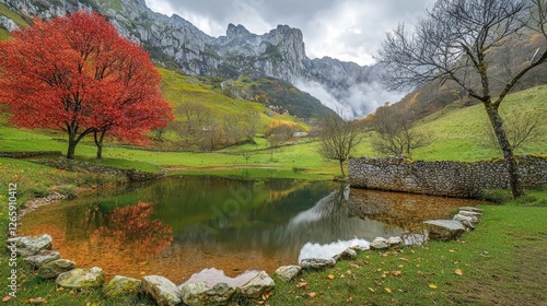 Autumnal pond nestled in a valley with vibrant red trees, mountains, and mist