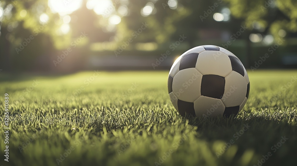 Obraz premium Soccer ball on grass lawn. Outdoor activity.