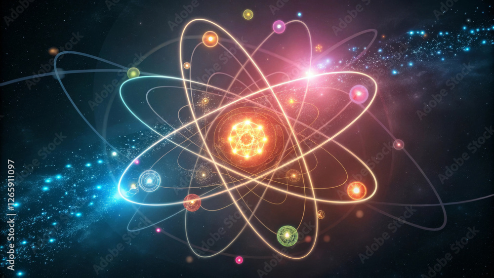 A vibrant depiction of an atom showcases orbiting particles in space, with colorful trails and glowing elements adding a dynamic and futuristic feel. AI A vibrant depiction of an atom showcases orbiting particles in space, with colorful trails and glowing elements adding a dynamic and futuristic feel. AI