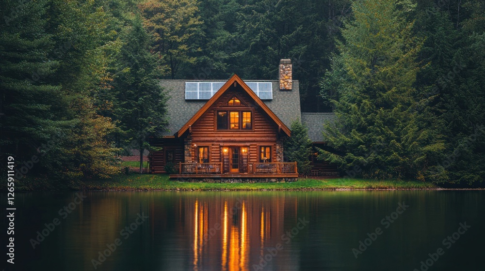 Obraz premium Lakeside cabin in forest, relaxation, nature, and vacation concept, real estate