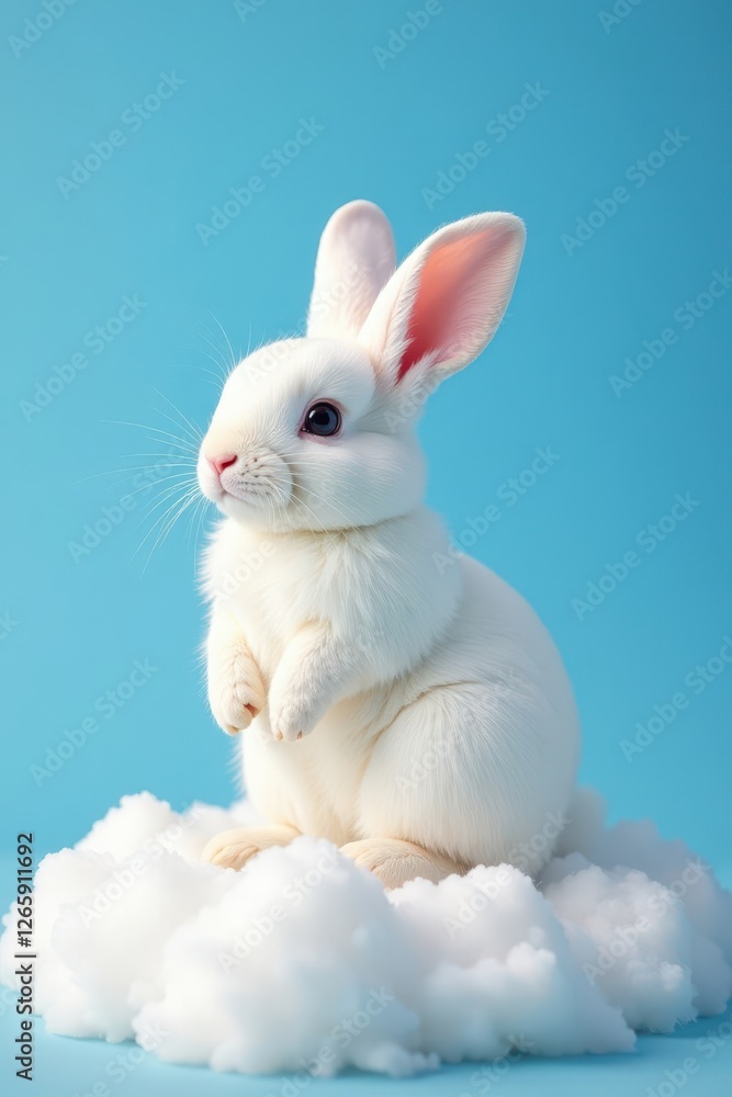 Fototapeta premium Fluffy white bunny sits on a fluffy white cloud against a bright blue sky , calm, peaceful, bunny