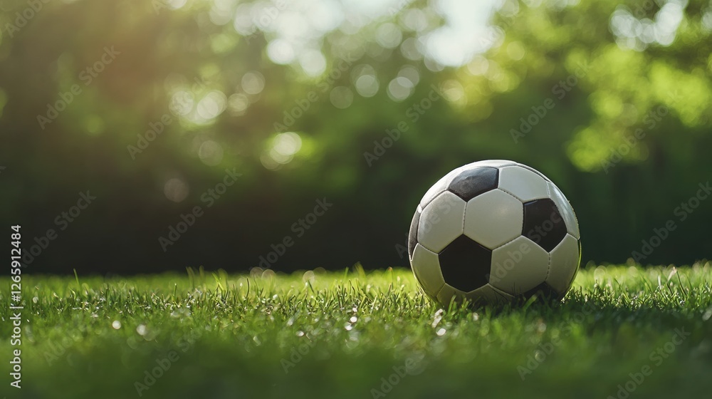 Fototapeta premium Soccer ball on grass lawn. Outdoor activity.