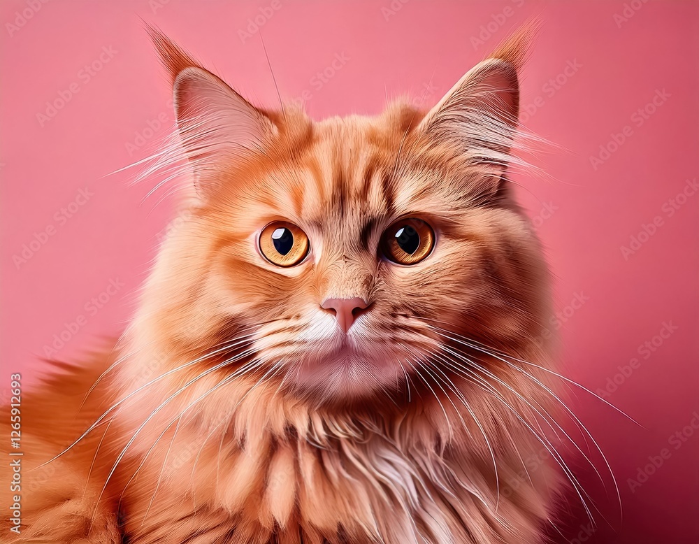 Fluffy orange cat with striking eyes against a pink background in a cozy setting Fluffy orange cat with striking eyes against a pink background in a cozy setting