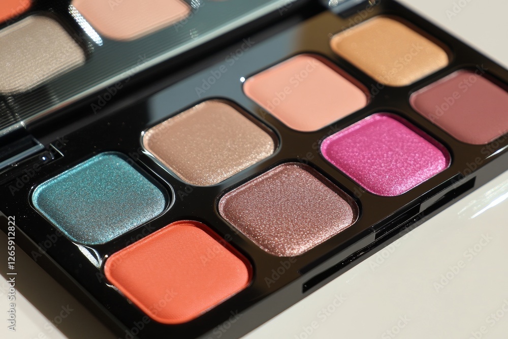 Open eyeshadow palette features a vibrant selection of metallic and matte shades in various colors, arranged artistically against a bright background to emphasize their beauty Open eyeshadow palette features a vibrant selection of metallic and matte shades in various colors, arranged artistically against a bright background to emphasize their beauty