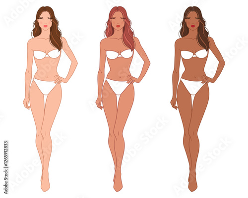 Eight-head fashion figure template. The female fashion croquis. Vector illustration of a young woman wearing lingerie, isolated on a white background.