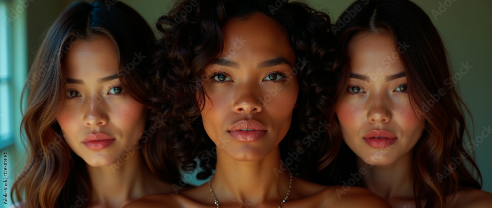 Obraz premium Three women with different hair types stand together, looking at the camera. One has curls, while two have straight locks. Their expressive faces are highlighted by soft lighting and warm tones.