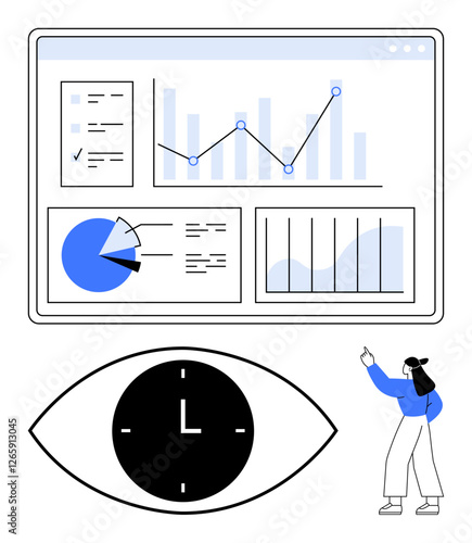 Charts, graphs, pie chart, and line graph displayed on a dashboard interface. Clock in abstract eye symbolizes productivity and focus. Ideal for business, analytics, time management, monitoring goal