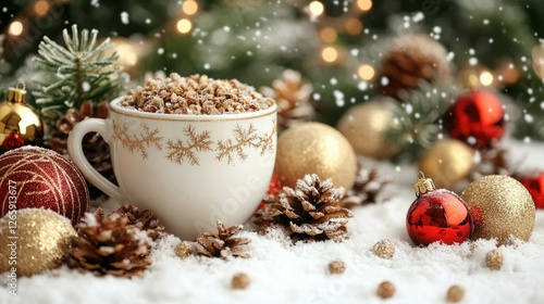 Wallpaper Mural Festive Christmas treat in snow-covered cup, ornaments, pine cones, bokeh lights Torontodigital.ca