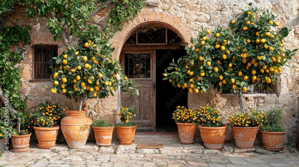 Fototapeta premium Lemon trees decorate a house in a Tuscan courtyard, in terracotta pots