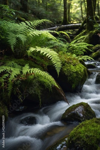 A serene forest scene featuring ferns and a flowing stream amidst lush greenery.