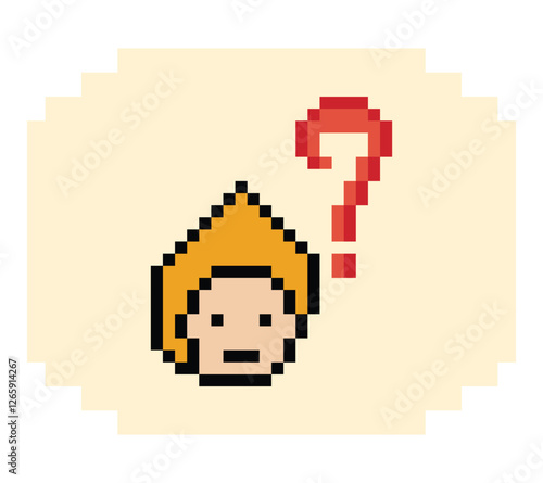 Cute pixel cartoon character man with question mark decoration 8 bit male boy confused idea question mark quiz questionnaire choose cartoon pixel game 8bit png vector.