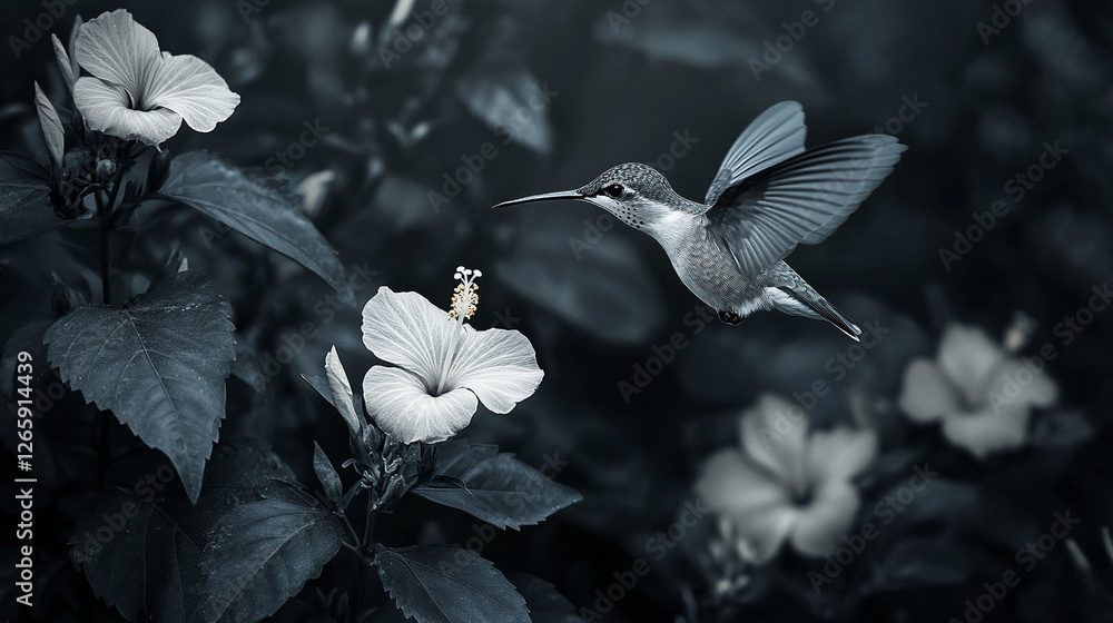Hummingbird hovering near hibiscus flowers in a serene garden setting Hummingbird hovering near hibiscus flowers in a serene garden setting