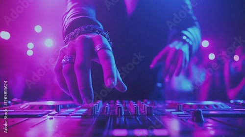 dj at the party on a vivid neon colored smoke background. Can be used to describe music technology, devices, music, music streaming, recording artists