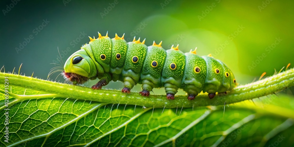 Macro Photography: Vibrant Green Leaf with Tiny Caterpillar Close-Up Macro Photography: Vibrant Green Leaf with Tiny Caterpillar Close-Up