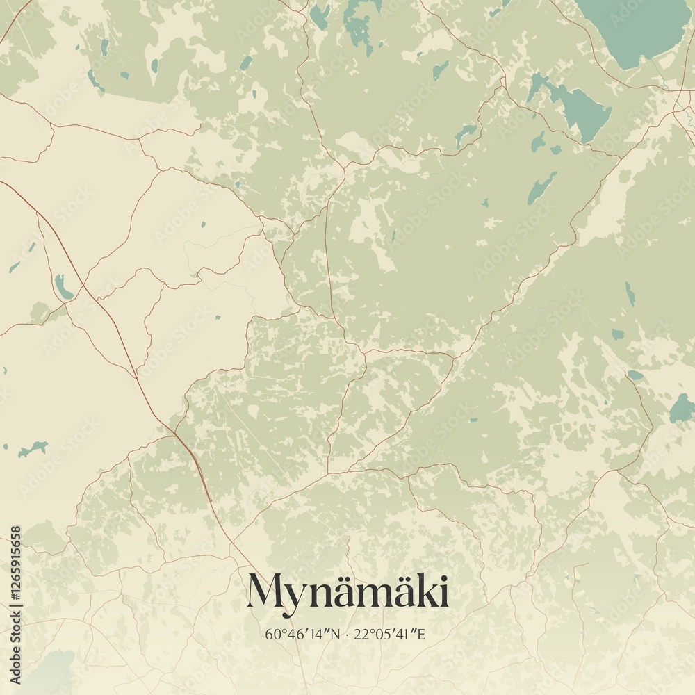 Fototapeta premium Vintage map of Mynämäki, Finland.