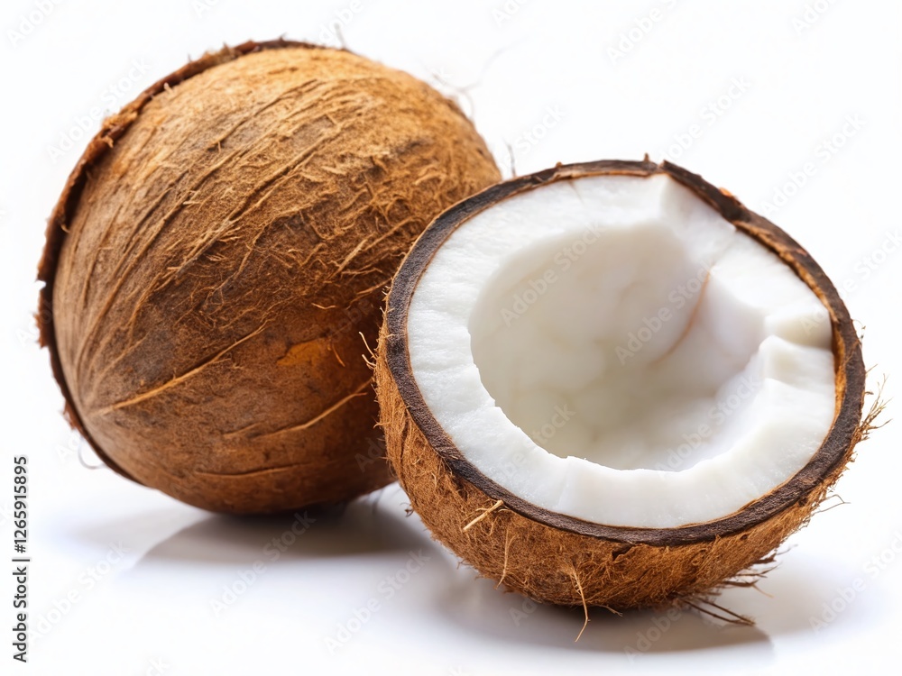 Macro Photography: Whole and Halved Coconut on White Background, Natural Texture, Bright Lighting Macro Photography: Whole and Halved Coconut on White Background, Natural Texture, Bright Lighting