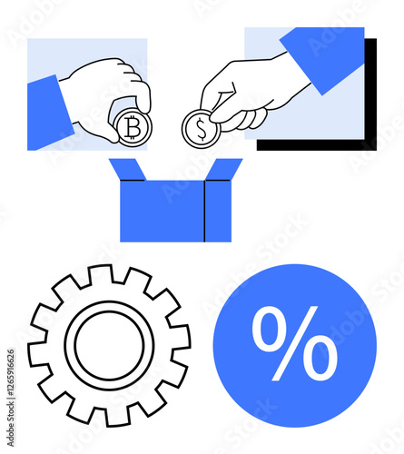 Hands depositing Bitcoin and Dollar coins into an open box with gear and percentage symbols nearby. Ideal for finance, investment, economy, exchange, savings, cryptocurrency, fiscal strategy