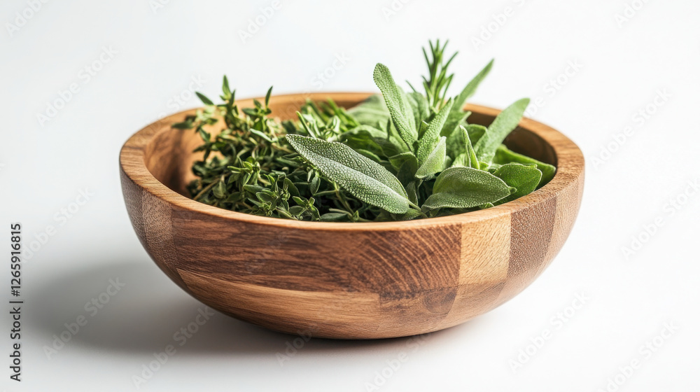 Fresh herbal assortment in wooden bowl for culinary and health uses Fresh herbal assortment in wooden bowl for culinary and health uses