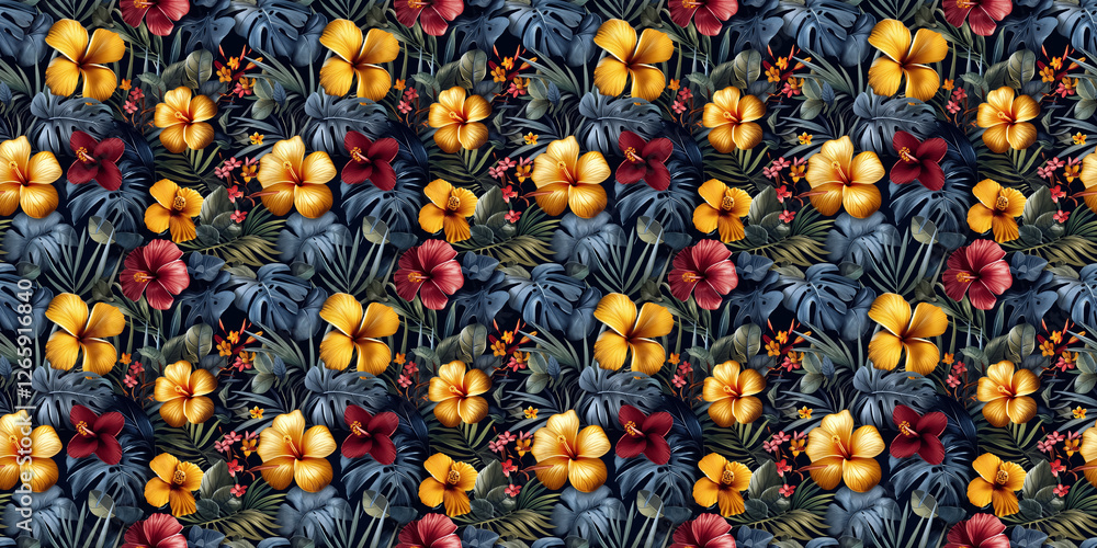 Fototapeta premium Vibrant tropical flowers and lush leaves on dark background