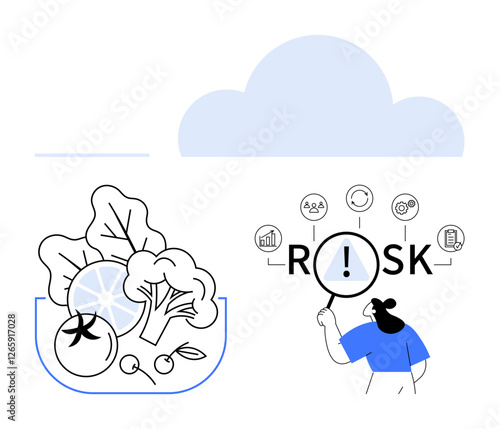 Fresh vegetables in a bowl beside a person assessing risks with icons and a magnifying glass. Ideal for health, nutrition, analysis, risk management, decision-making, research, sustainability
