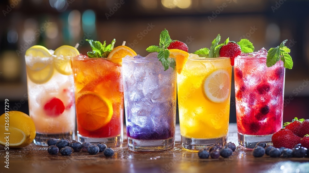 Set of multicolored summer drinks. Mojito, lemonade, red orange, berry, strawberry lemonade or cocktail with iced Set of multicolored summer drinks. Mojito, lemonade, red orange, berry, strawberry lemonade or cocktail with iced