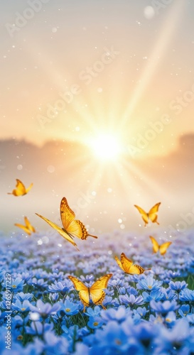 Wallpaper Mural Golden butterflies fluttering over blue flowers at sunrise Torontodigital.ca