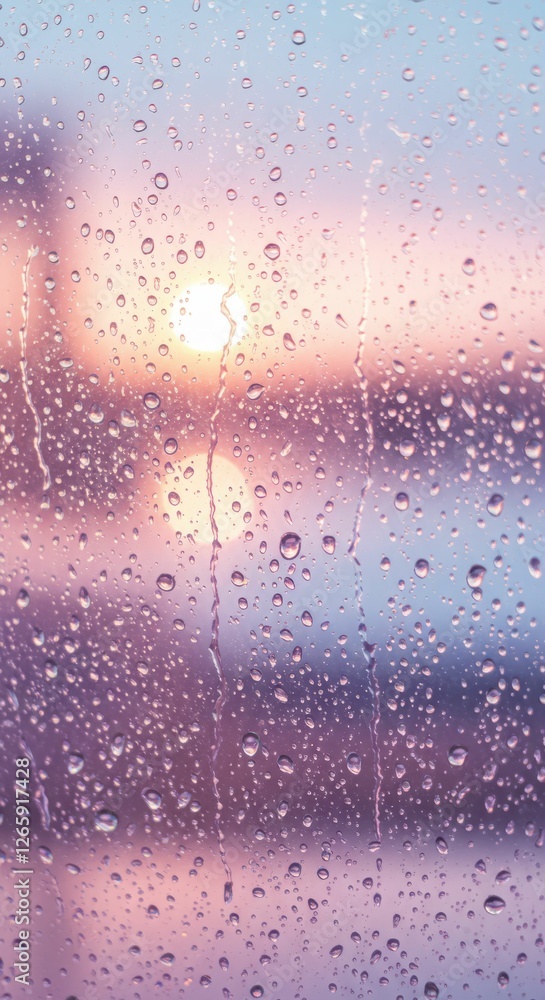 Fototapeta premium Raindrops on window with pastel sunset in the background creating a serene atmosphere
