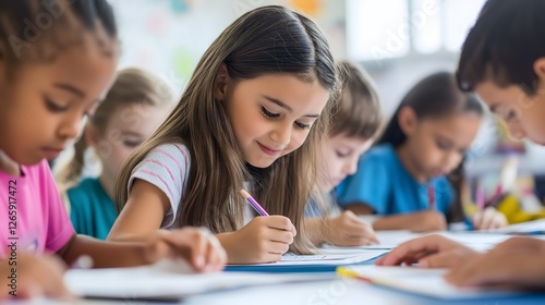 Creative classroom activity involves students drawing and writing in a cooperative learning environment during a school day