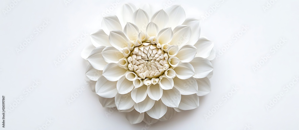 White Dahlia flower with intricate petal patterns, top view, isolated on a white background. White Dahlia flower with intricate petal patterns, top view, isolated on a white background.