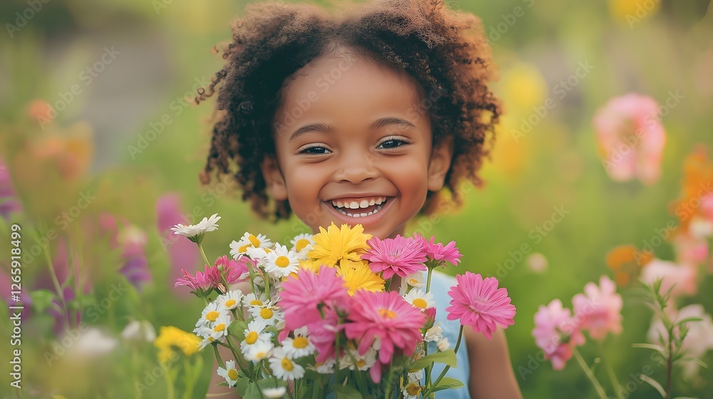 Joyful child smiling in a colorful garden surrounded by flowers during a sunny day Joyful child smiling in a colorful garden surrounded by flowers during a sunny day