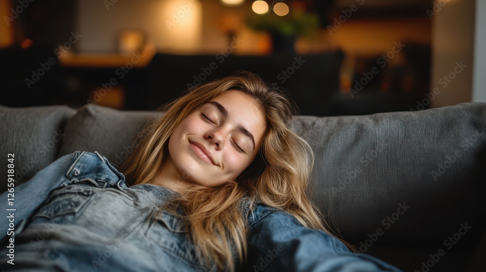Blonde woman lying back on couch with peaceful expression Blonde woman lying back on couch with peaceful expression