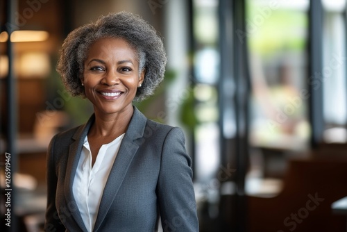 Elegant senior Black businesswoman in a gray suit smiling in a modern office environment.