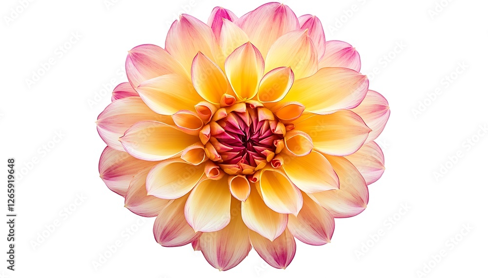 Yellow and pink Dahlia flower with vibrant design, top view, isolated on a white background. Yellow and pink Dahlia flower with vibrant design, top view, isolated on a white background.