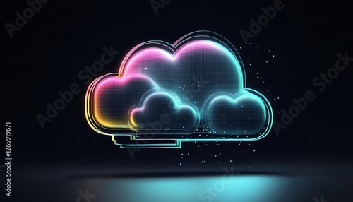 Neon Cloud Computing 3D Render, Wireframe, Digital, Cloud Storage Cloud Computing, Digital Art photo