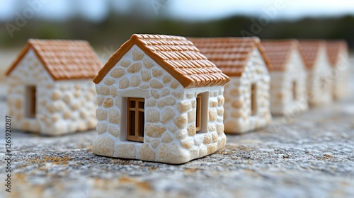 Miniature stone houses in a row outdoors, countryside background, real estate concept photo