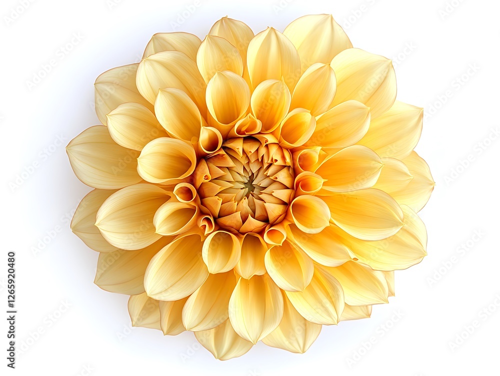 Yellow Dahlia flower with a unique petal arrangement, top view, isolated on a white background. Yellow Dahlia flower with a unique petal arrangement, top view, isolated on a white background.