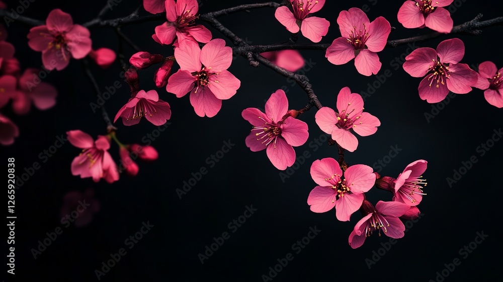 Fototapeta premium anime cherry blossom branch, pink flowers, dark background, aesthetic wallpaper
