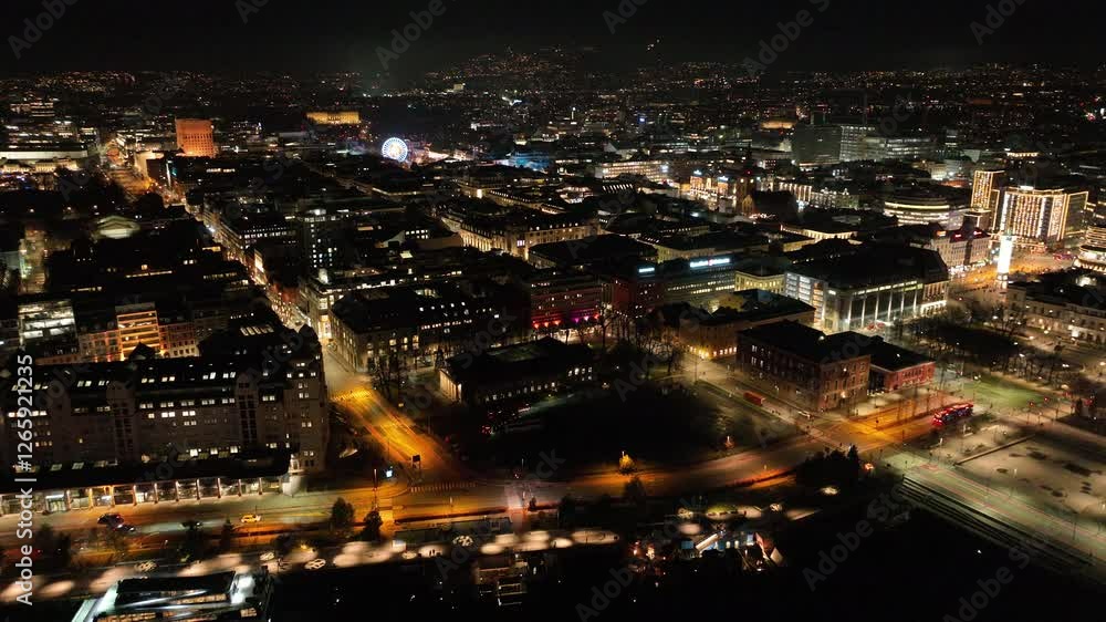 Norwegian city of Oslo downtown aerial at night Norwegian city of Oslo downtown aerial at night