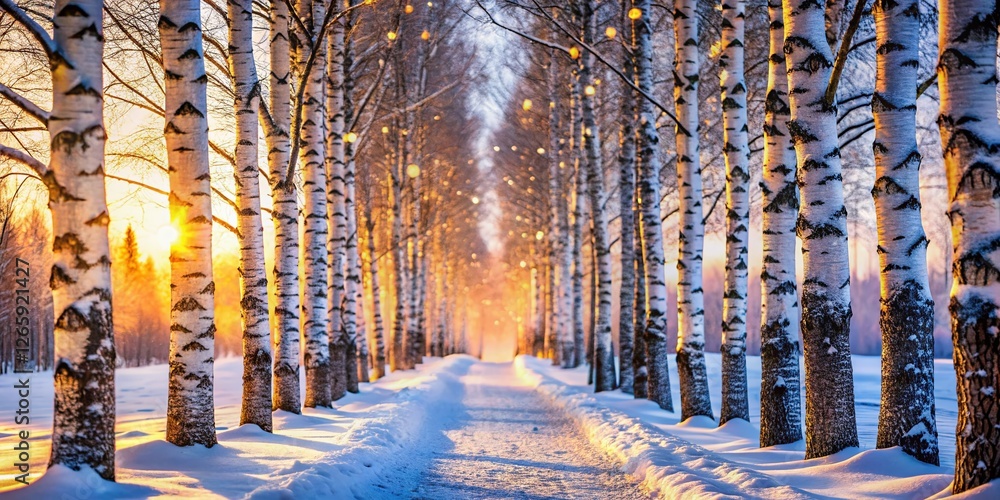 Obraz premium Magical Snowy Birch Alley in Tiller, Norway - Winter Wonderland Stock Photo