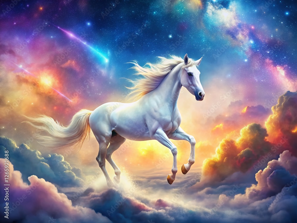 Fototapeta premium Magical White Unicorn Galloping Through Cosmic Clouds - Double Exposure Fantasy Stock Photo