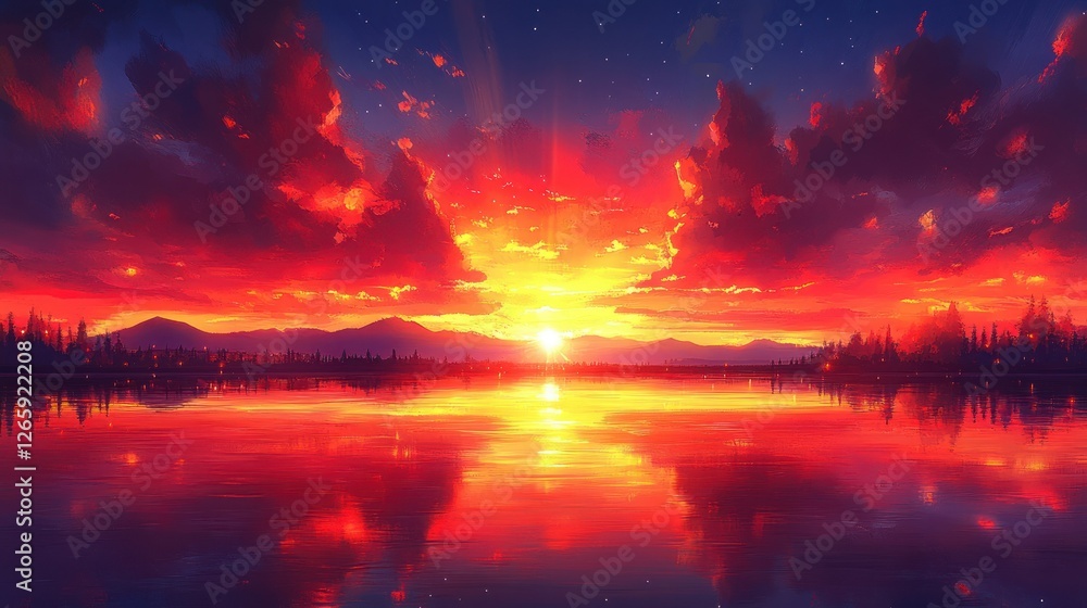 Fototapeta premium Fiery Sunset over Lake with Mountain Background