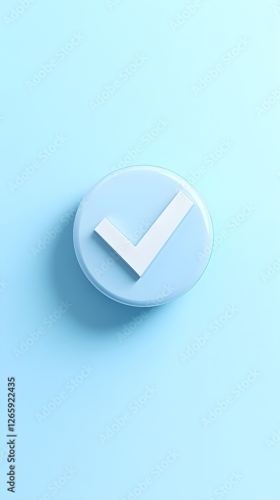 Round Blue Button with White Check Mark on Light Blue Background Round Blue Button with White Check Mark on Light Blue Background