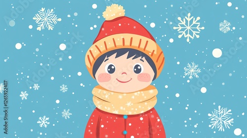 Adorable Winter Portrait of Young Child on Blue Background