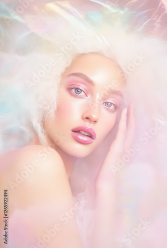 Porträt einer Frau mit weißer Afrofrisur, pastellfarbenem Make-up und ausdrucksstarkem Blick,  Portrait of a woman with a white afro hairstyle, pastel makeup, and an expressive gaze. photo