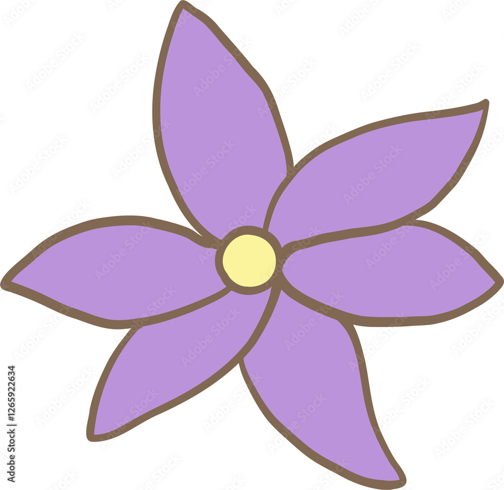 Adorable cartoon illustration of a six-petaled purple flower with a yellow center. Perfect for spring, nature, floral designs, and decorative elements Adorable cartoon illustration of a six-petaled purple flower with a yellow center. Perfect for spring, nature, floral designs, and decorative elements