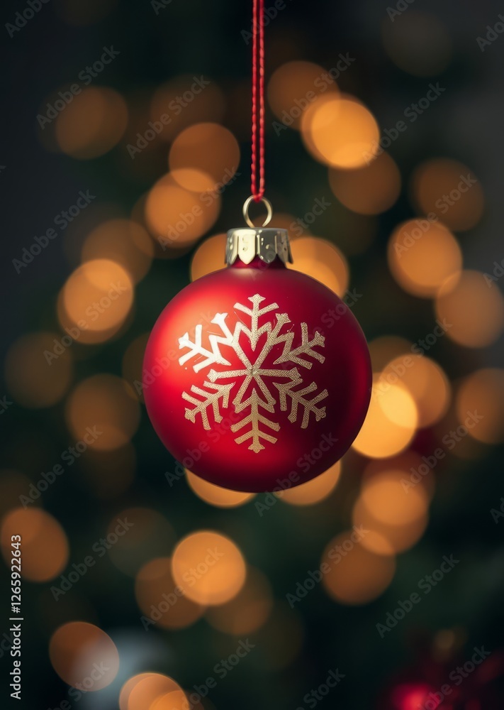 A single red christmas ornament with gold snowflake designs hangs in front of a blurry background of twinkling lights bokeh red bokeh abstract background glow design light texture effect sparkle A single red christmas ornament with gold snowflake designs hangs in front of a blurry background of twinkling lights bokeh red bokeh abstract background glow design light texture effect sparkle