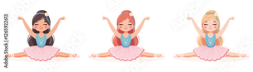 Pretty and gentle ballerinas girl in pink and blue dress doing the splits in the room on white background. Poster, Banner, Flyer, Greeting Card. Vector illustration in flat cartoon style