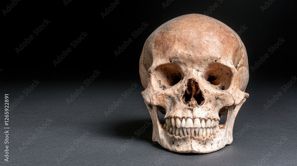 Human skull, dark background, anatomy study Human skull, dark background, anatomy study